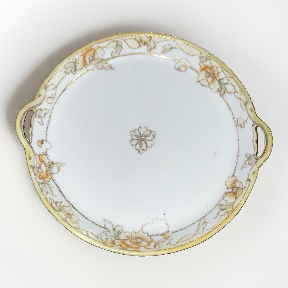 Antique Nippon Cake Plate Hand Painted Green M Wreath 1911 Floral 7.5in
